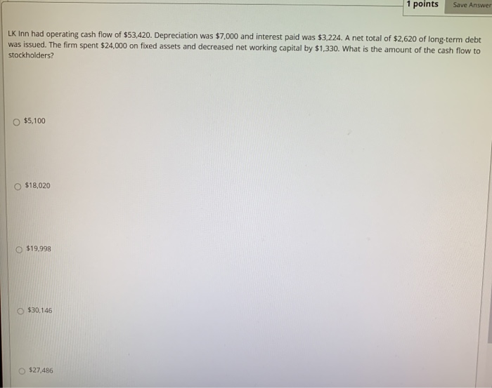  1 points Save Answer LK Inn had operating cash flow of