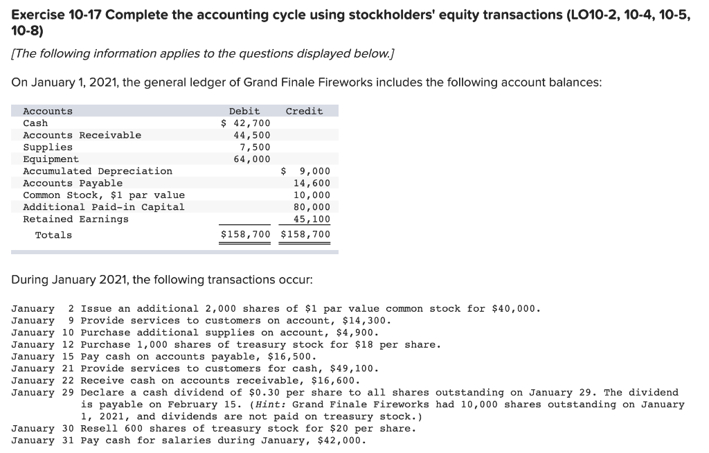 Exercise 10-17 Complete the accounting cycle using stockholders' equity transactions (LO10-2,