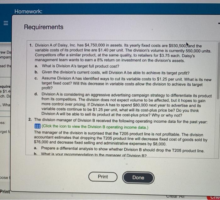  Division B operating income data Division C product data Homework: III