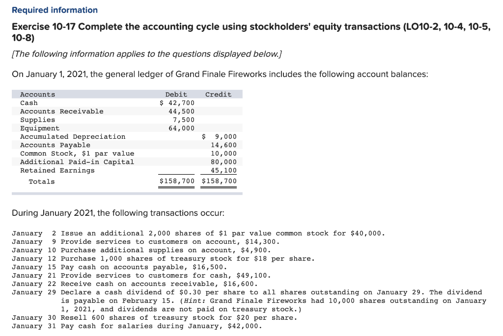 Required information Exercise 10-17 Complete the accounting cycle using stockholders' equity