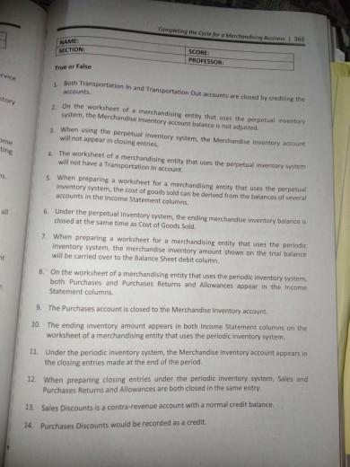  NAME SECTION SCORE PROFESSOR True or False both Transportation in and
