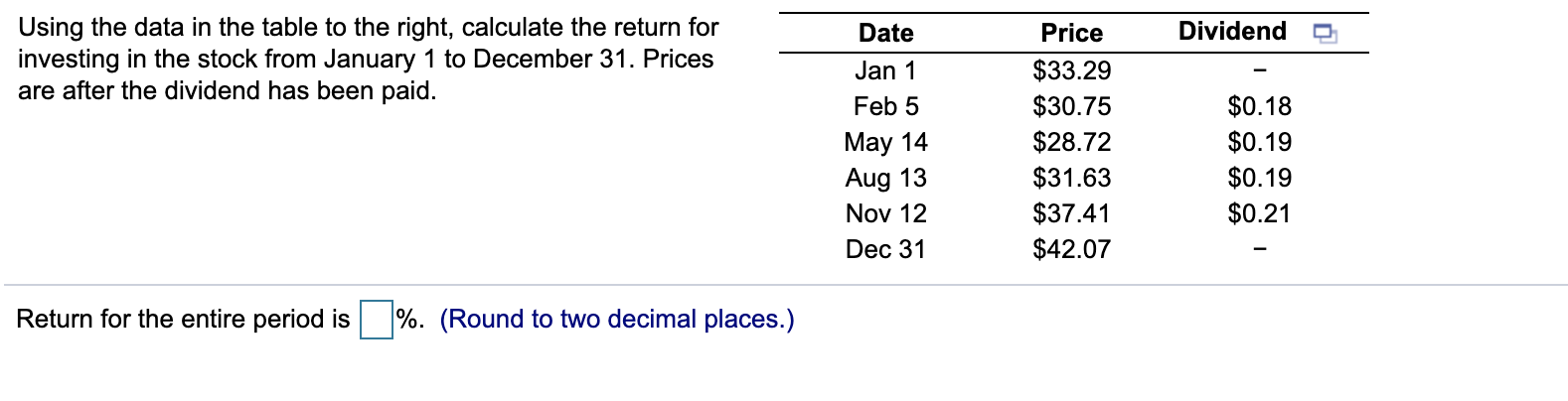  Date Dividend Using the data in the table to the right,