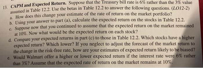  13. CAPM and Expected Return. Suppose that the Treasury bill rate