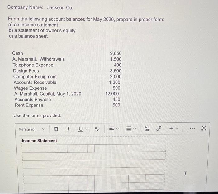 balance sheet Company Name: Jackson Co. From the following account balances for
