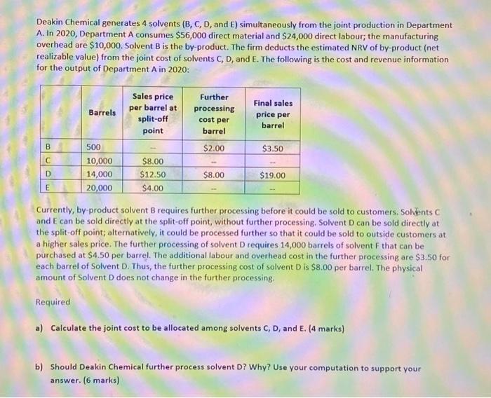  Deakin Chemical generates 4 solvents (B, C, D, and E) simultaneously