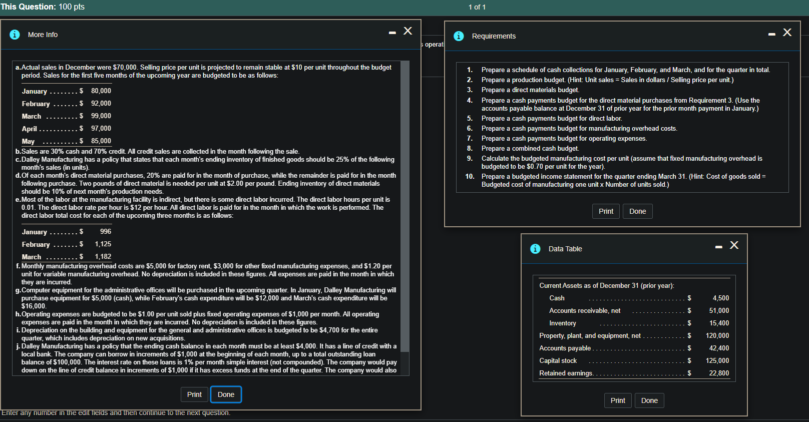 of the upcoming year. The following data pertain to Dalley Manufacturing's operations: