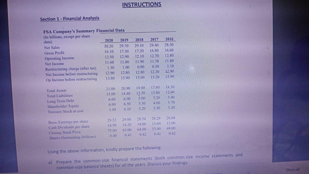 INSTRUCTIONS Section 1 - Financial Analysis FSA Company's Summary Financial Data