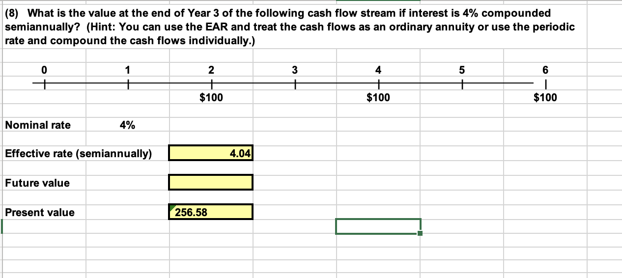 Please Find effective rate semiannually, future value and present valueFind effective rate,