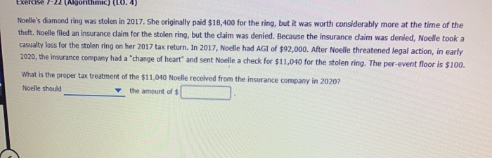  Exercise - (Algorithmic Noelle's diamond ring was stolen in 2017. She