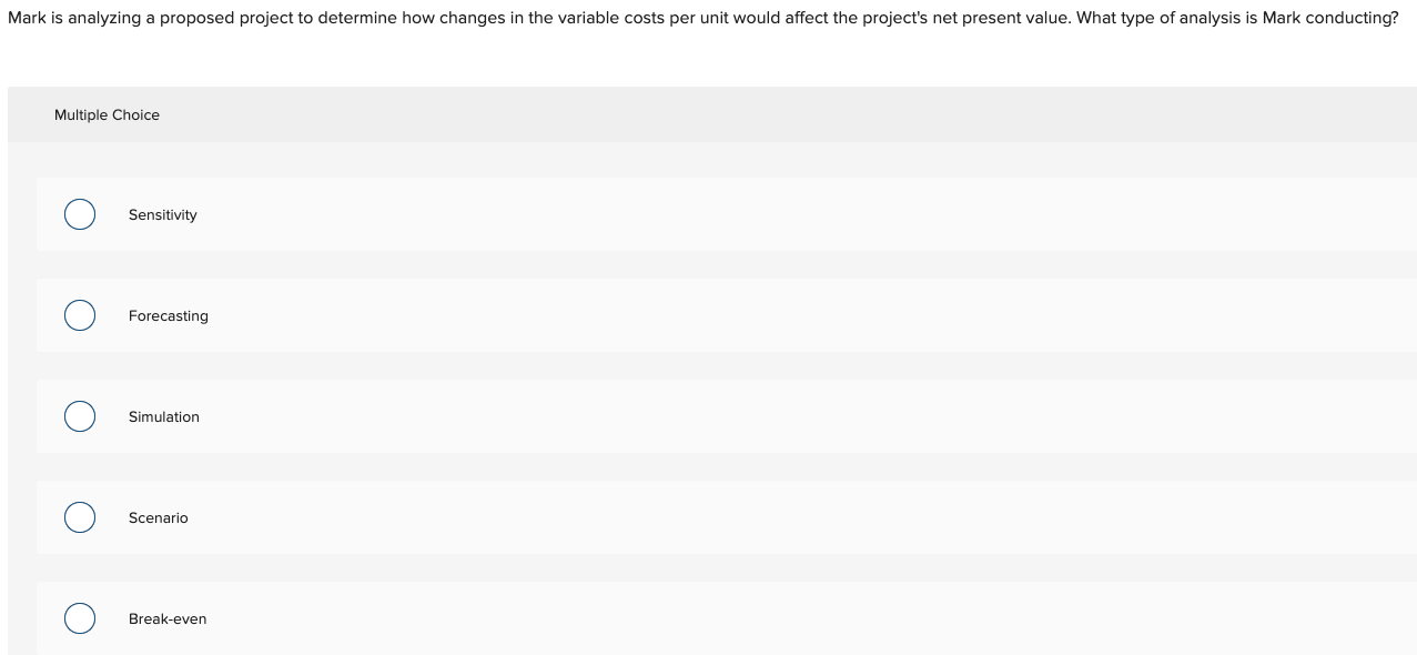  Mark is analyzing a proposed project to determine how changes in