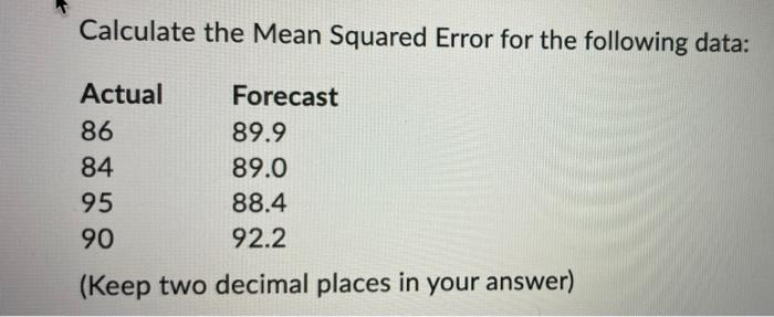  Calculate the Mean Squared Error for the following data: Actual Forecast