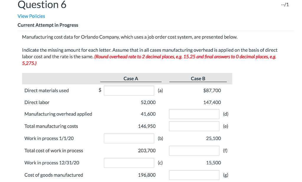 Question 6 --/1 View Policies Current Attempt in Progress Manufacturing cost