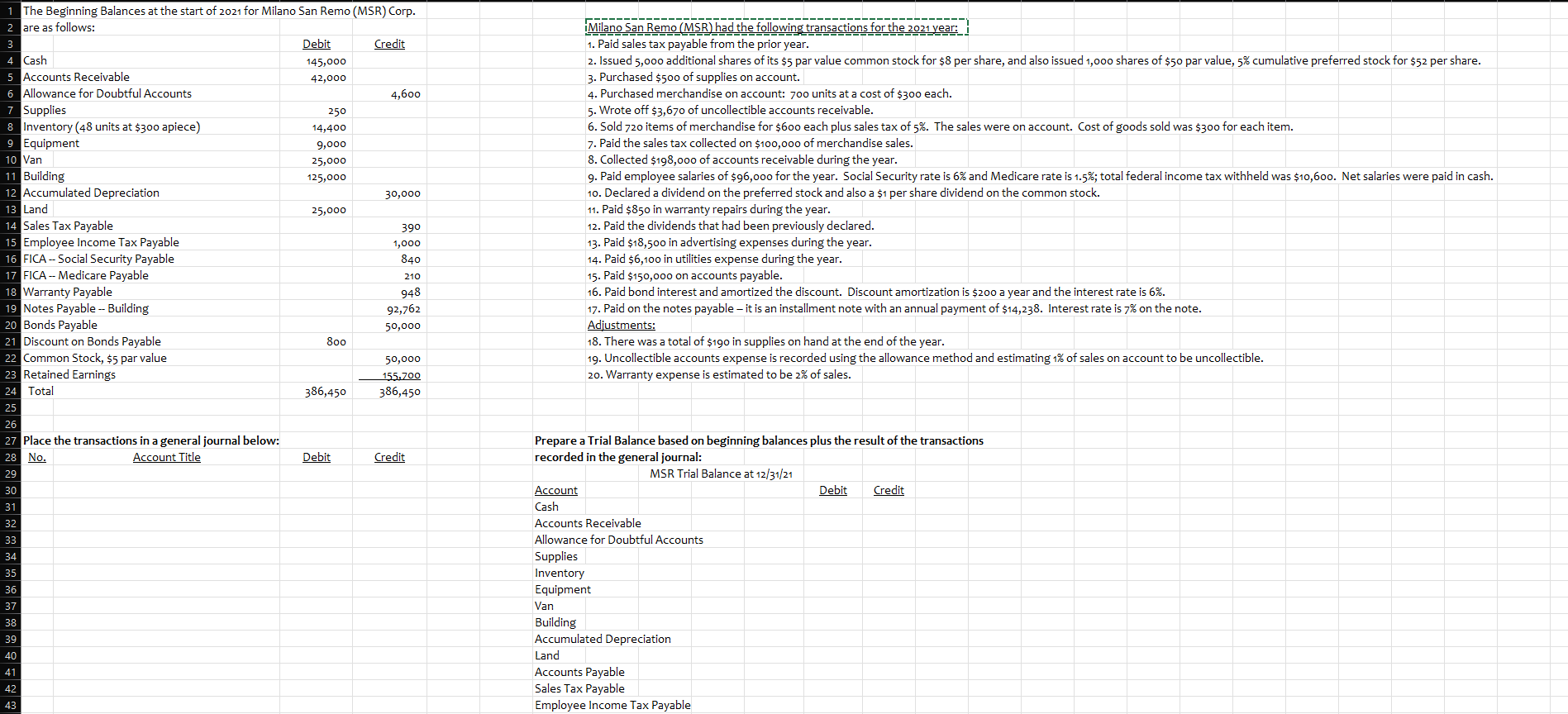 A comprehensive problem that involves the accounting cycle from start to finish.