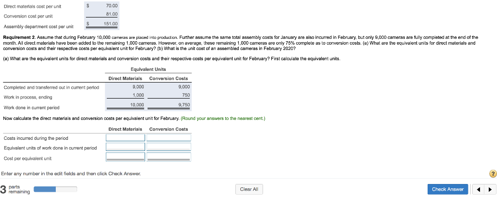  S Direct materials cost per unit Conversion cost per unit Assembly
