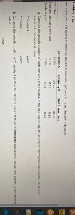  Problem 9-11 You are given the following information about two computer