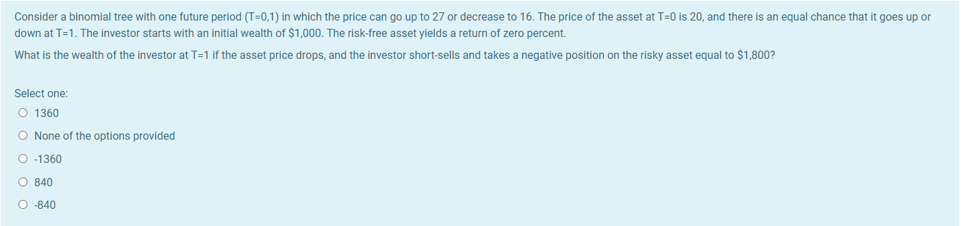  Consider a binomial tree with one future period (T=0,1) in which