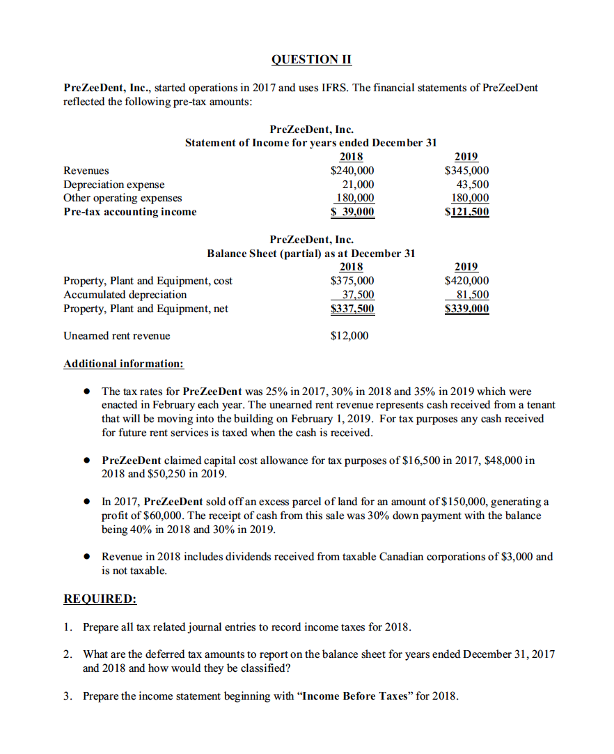  QUESTION II PreZeeDent, Inc., started operations in 2017 and uses IFRS.
