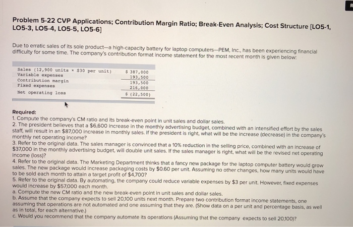  Problem 5-22 CVP Applications: Contribution Margin Ratio; Break-Even Analysis; Cost Structure
