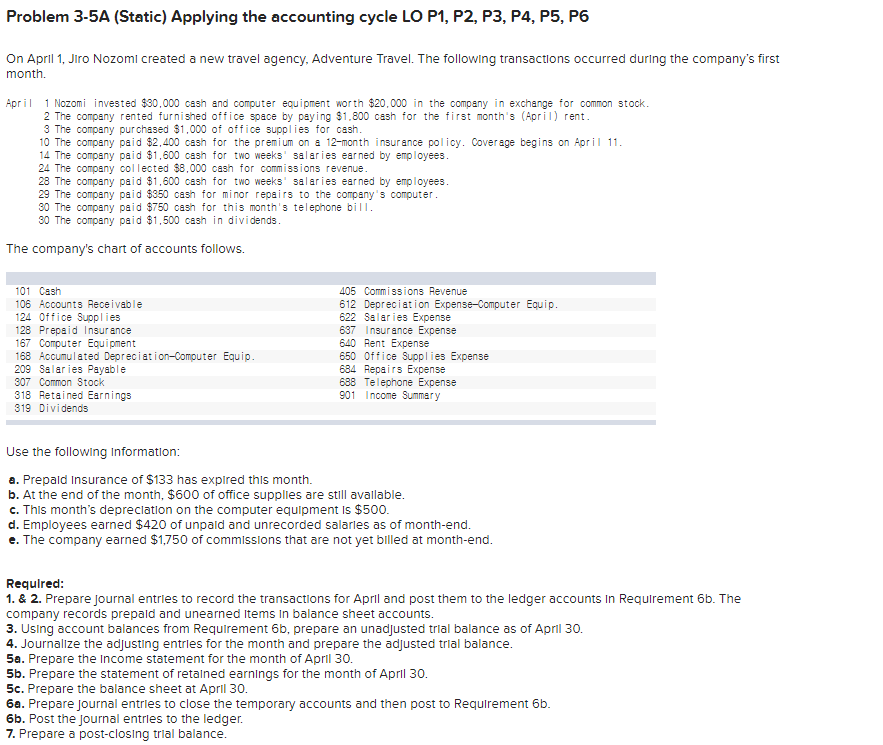Problem 3-5A (Static) Applying the accounting cycle LO P1, P2, P3,