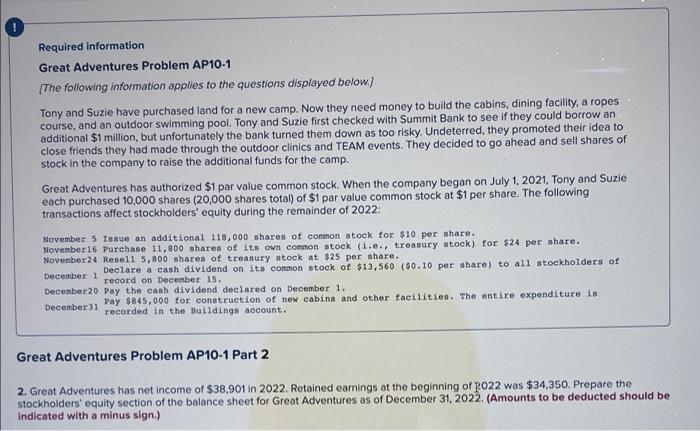 accounting cycle question Required information Great Adventures Problem AP10-1 [The following information