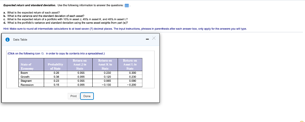  Expected return and standard deviation. Use the following information to answer