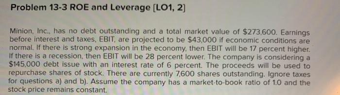  Problem 13-3 ROE and Leverage (LO1, 2] Minion, Inc., has no