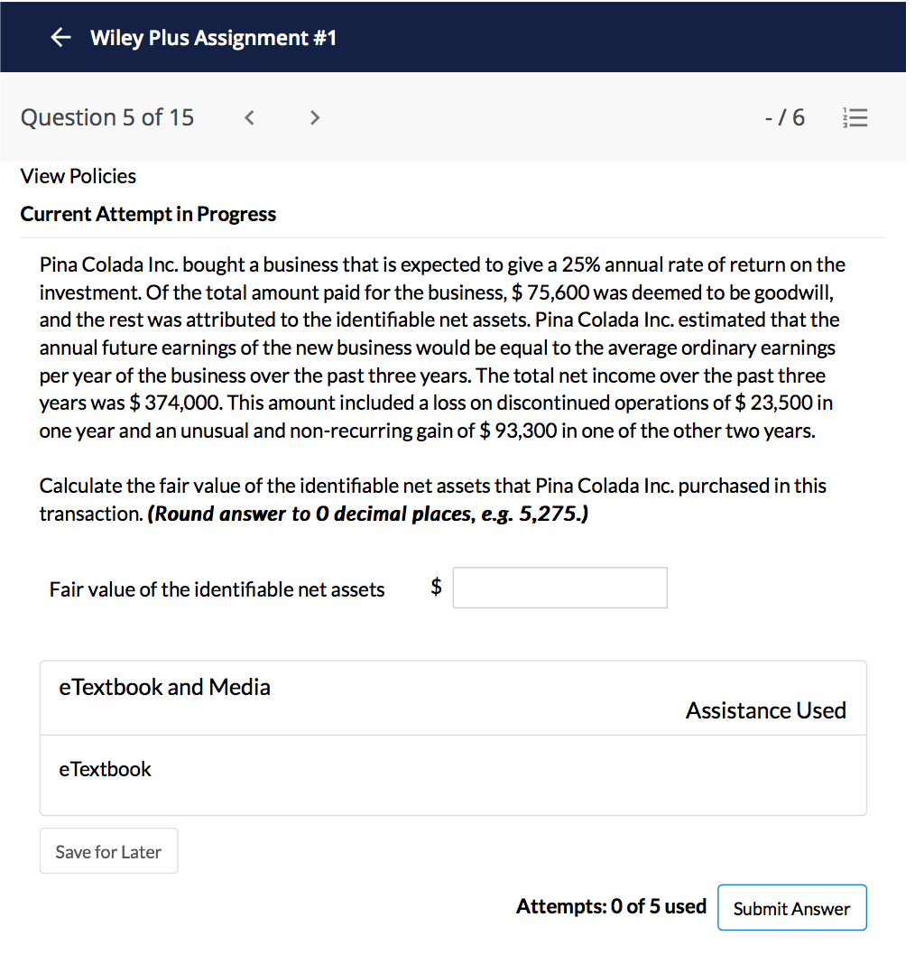  + Wiley Plus Assignment #1 Question 5 of 15 - 76