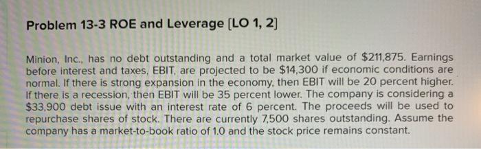  Problem 13-3 ROE and Leverage (LO 1, 2] Minion, Inc., has