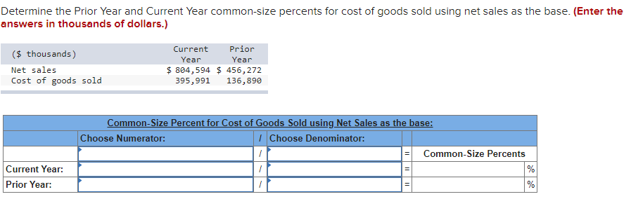  Determine the Prior Year and Current Year common-size percents for cost