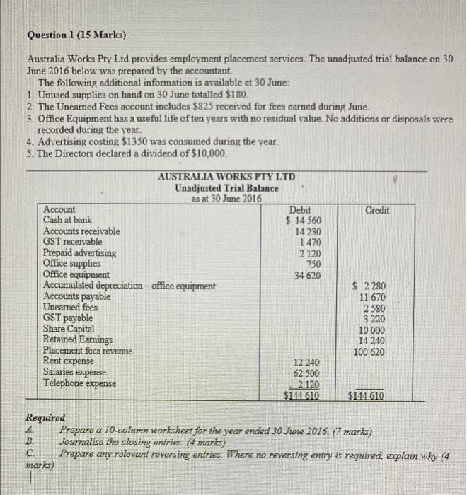 Question 1 A - 10 column worksheet. Question 1 (15 Marks) Australia