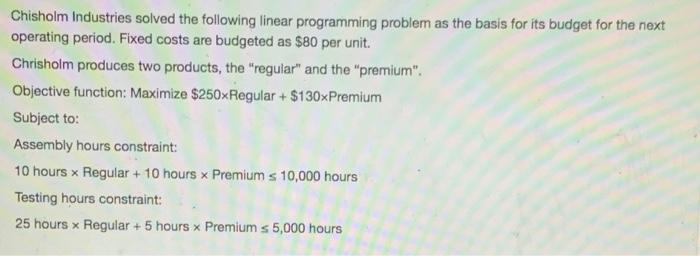  Chisholm Industries solved the following linear programming problem as the basis