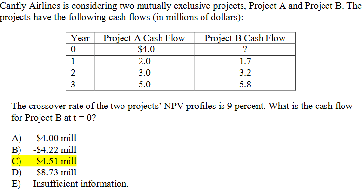  Canfly Airlines is considering two mutually exclusive projects, Project A and
