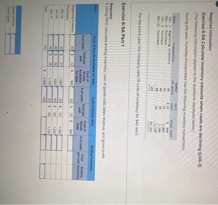  can you please help me? Required information Exercise 6-5A Calculate inventory