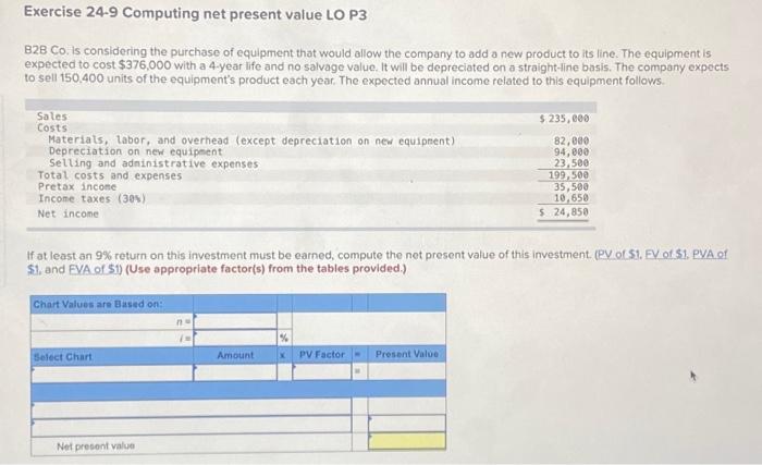  Exercise 24-9 Computing net present value LO P3 B2B Co. is