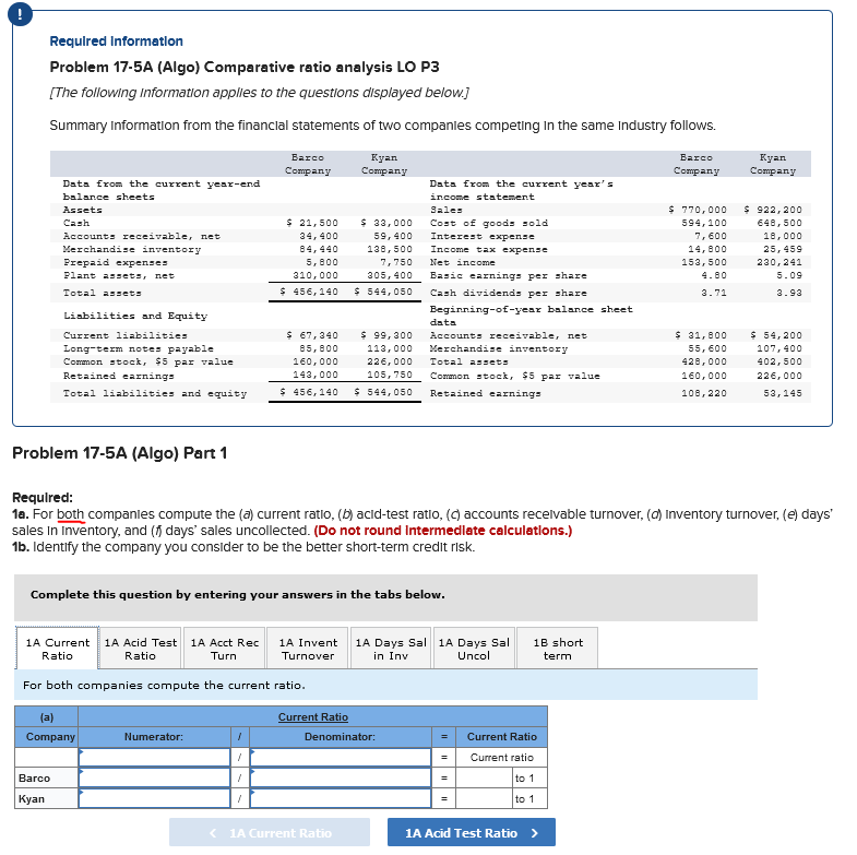  Required Information Problem 17-5A (Algo) Comparative ratio analysis LO P3 [The