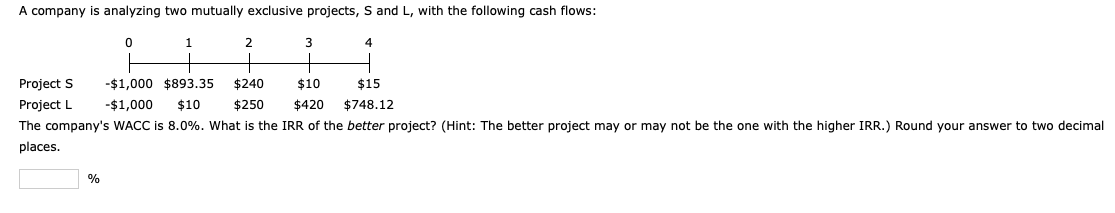 sos all please A company is analyzing two mutually exclusive projects, S