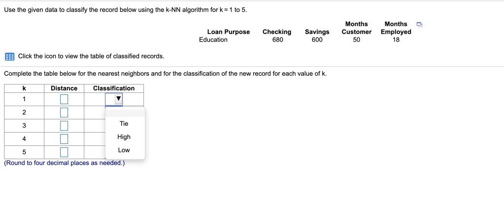  Use the given data to classify the record below using the