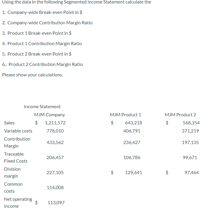 Using the data in the following Segmented Income Statement calculate the