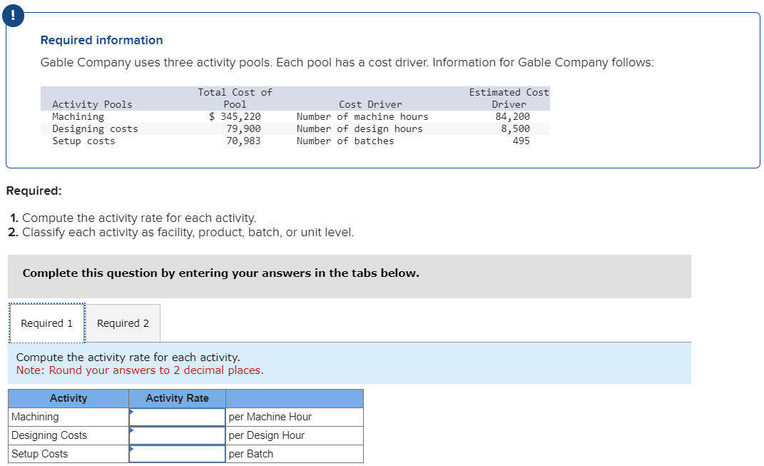 Required information Gable Company uses three activity pools. Each pool has