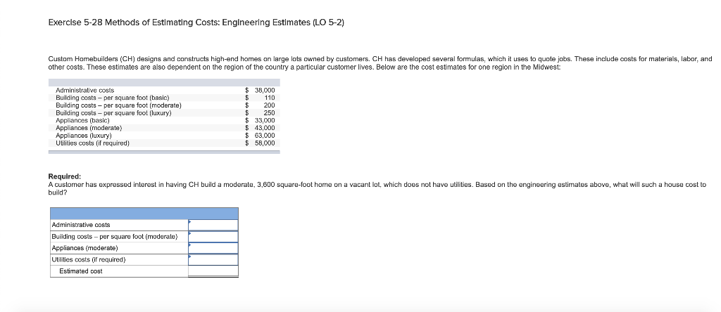  Exercise 5-28 Methods of Estimating Costs: Engineering Estimates (LO 5-2) Custom
