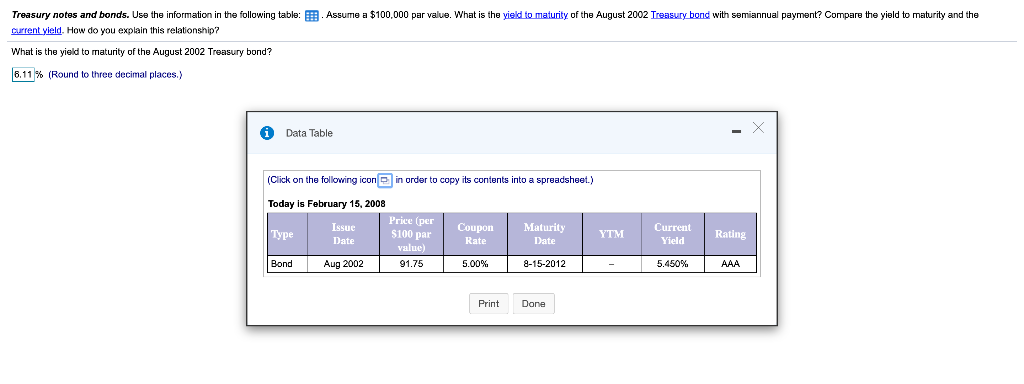  6.11%. is incorrect Treasury notes and bonds. Use the information in