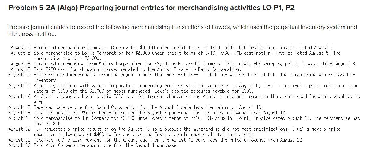 Problem 5-2A (Algo) Preparing journal entries for merchandising activities LO P1,