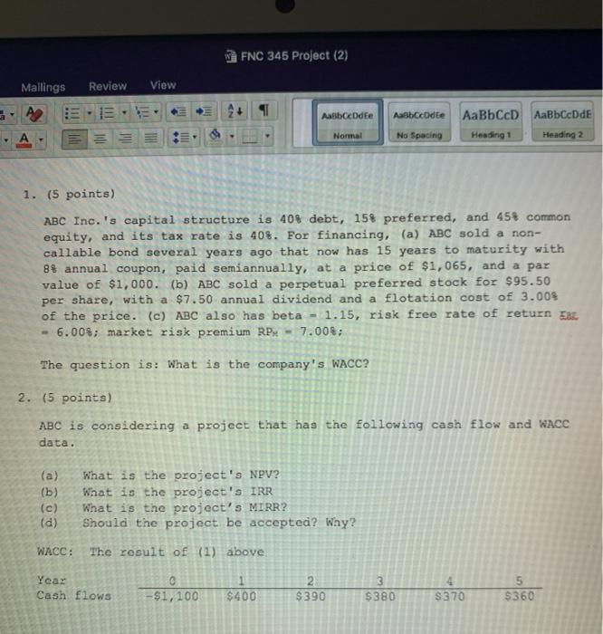  FNC 345 Project (2) Mallings Review View Aalbcode Aasbcodee AaBbCCD AaBbCcDdE