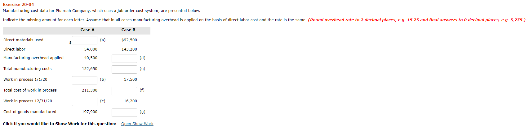 Exercise 20-04 Manufacturing cost data for Pharoah Company, which uses a