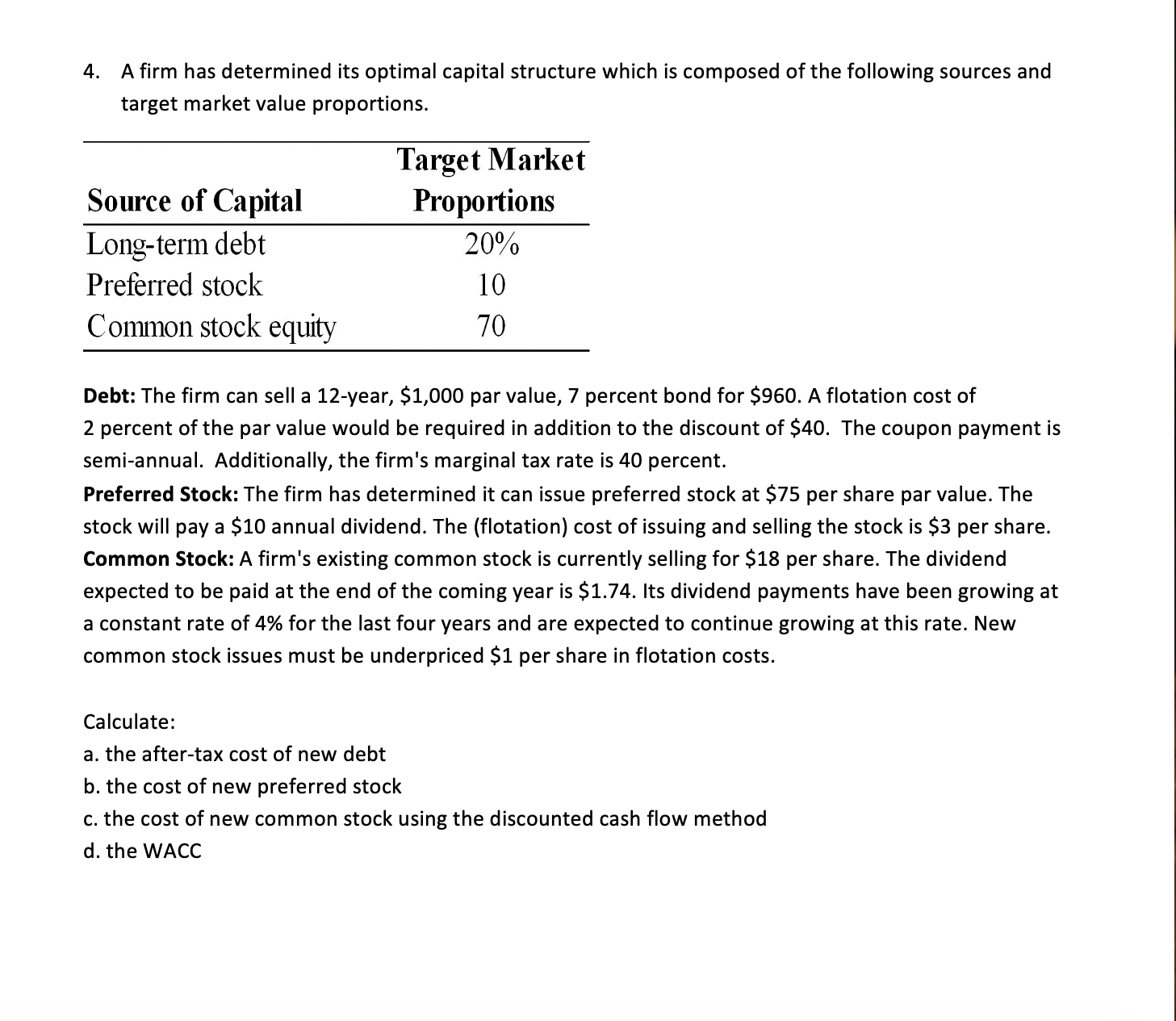  4. A firm has determined its optimal capital structure which is