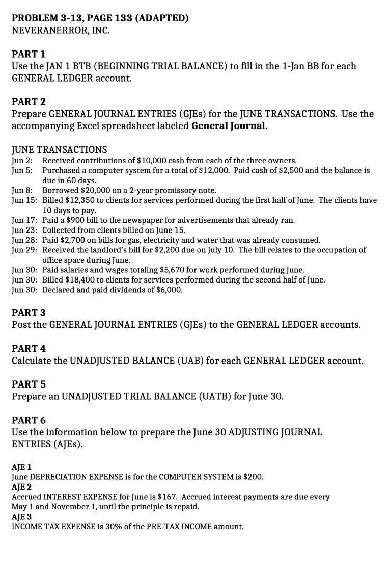 PROBLEM 3-13, PAGE 133 (ADAPTED) NEVERANERROR, INC. PART 1 Use the