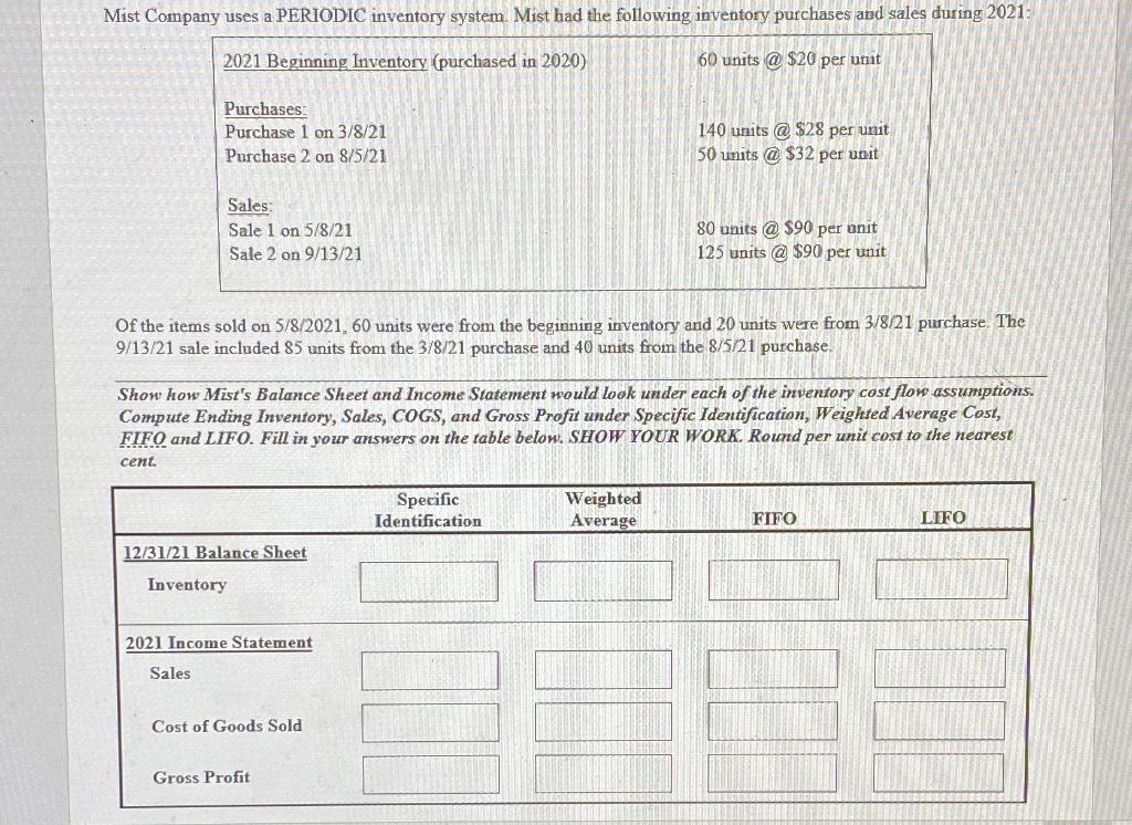  Mist Company uses a PERIODIC inventory system Mist had the following