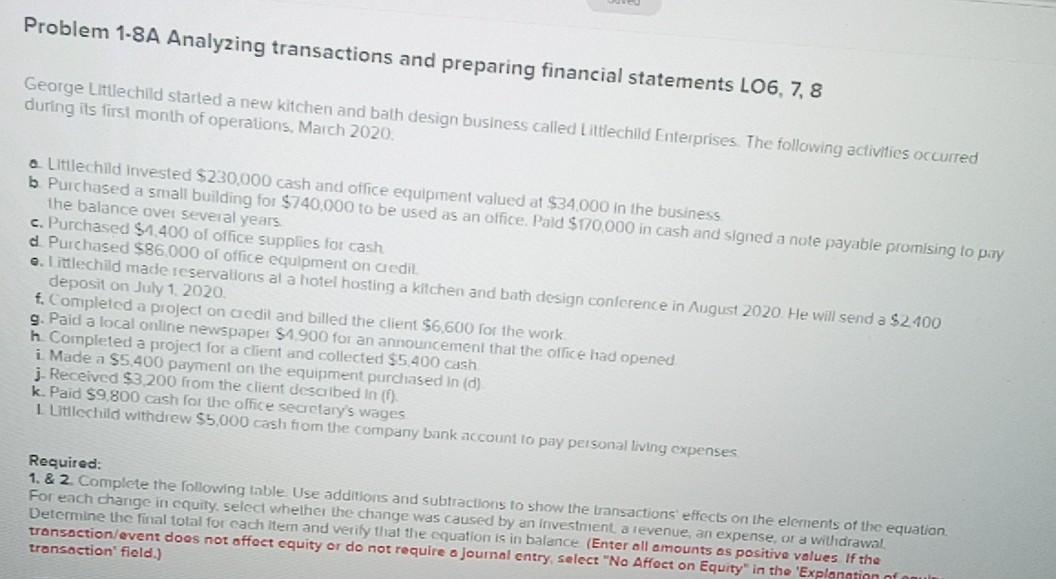 Problem 1-8A Analyzing transactions and preparing financial statements L06, 7, 8