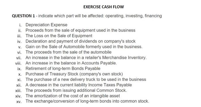  EXERCISE CASH FLOW QUESTION 1 - indicate which part will be
