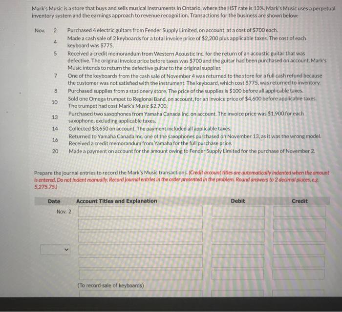  Nov. 2 4 5 7 Mark's Music is a store that